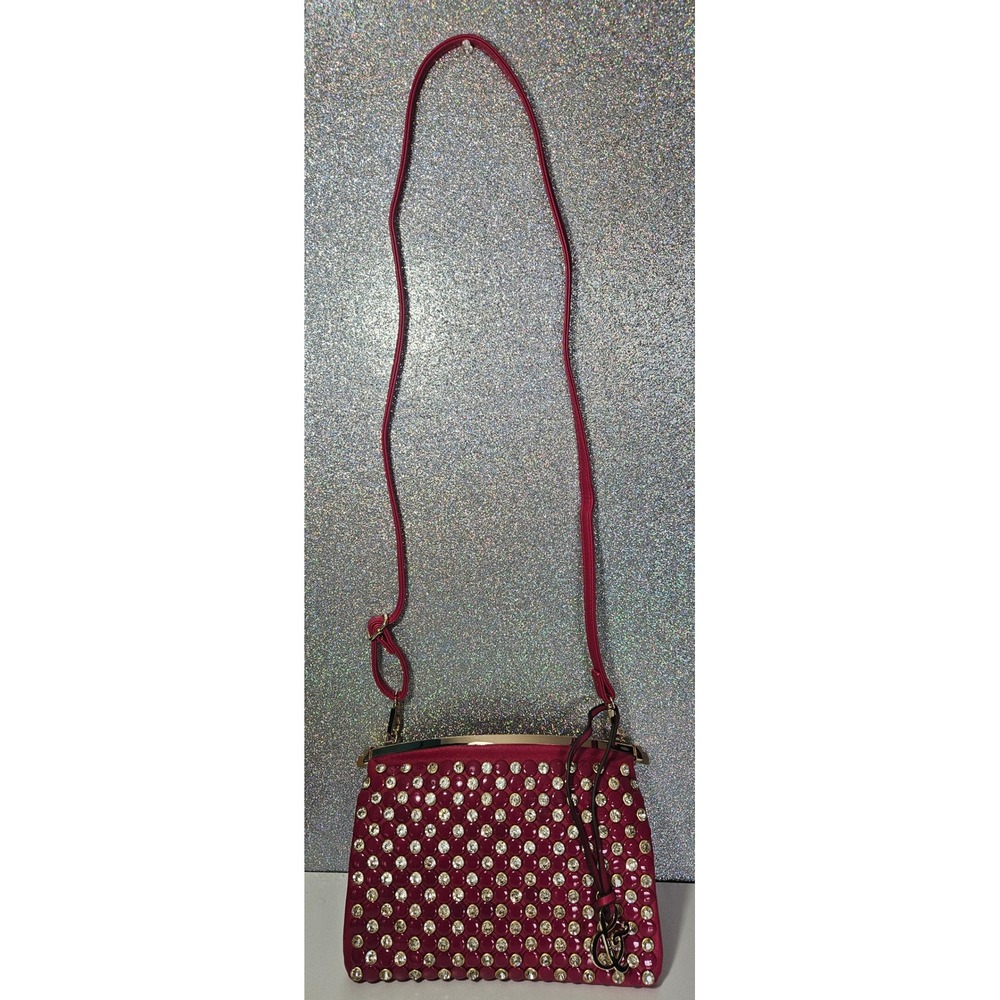AMY & JOEY Magenta Pink Rhinestone Studded Crossbody Bag Gold Tone Bling Purse
